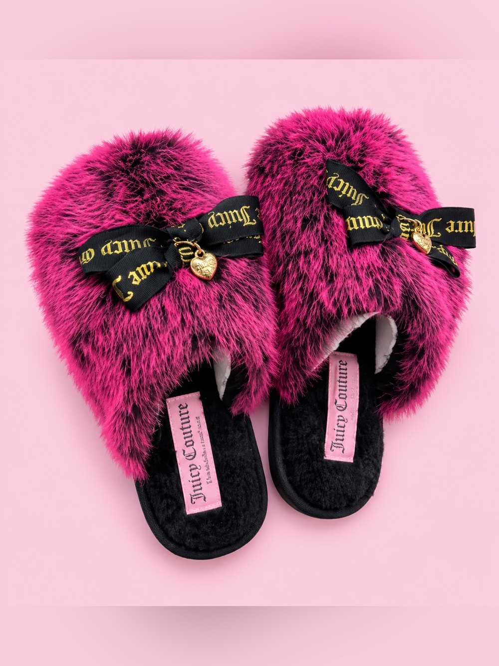 Juicy Couture Hot Pink Faux-Fur Slide Slippers with Branded Bow